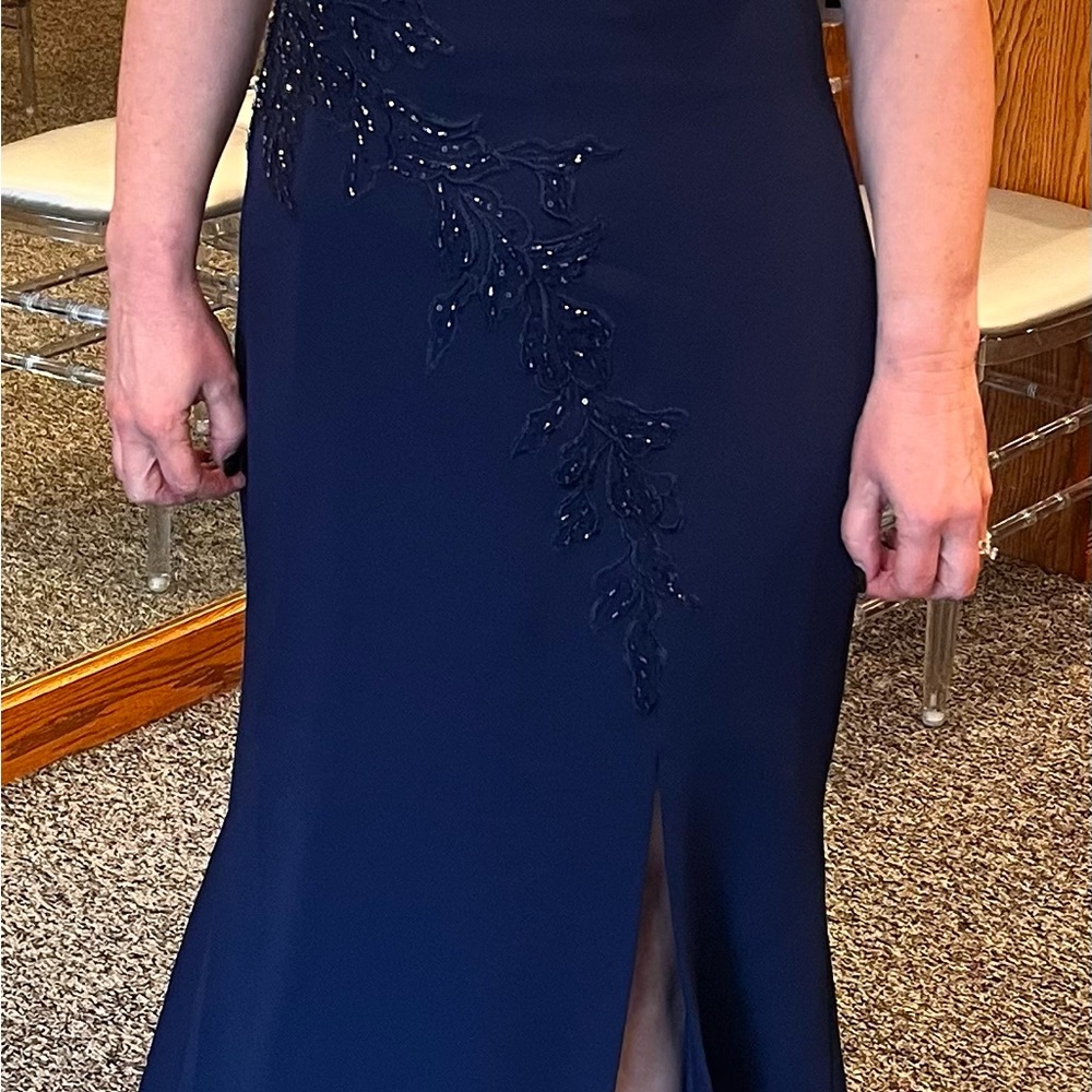 Blue Sequin Embellished Evening Gown with Slit